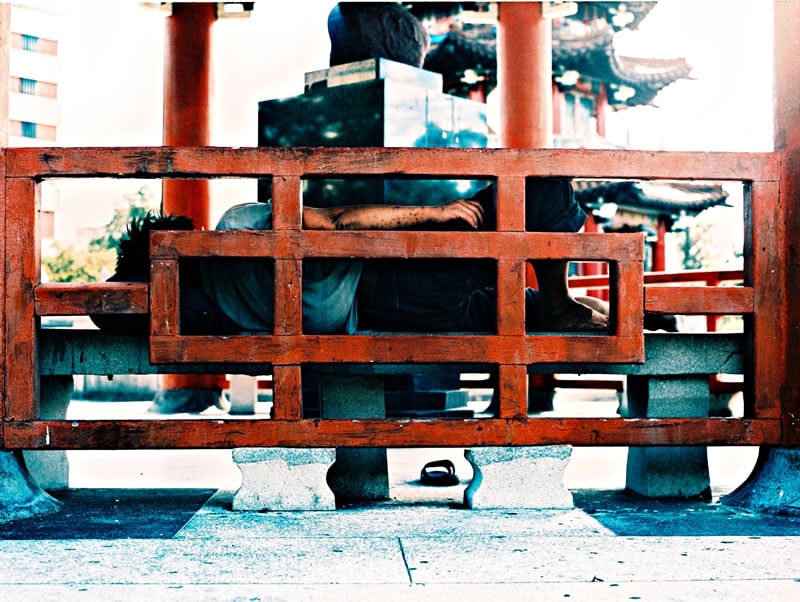 R n' R - Fuji Provia 100F (RDP III) shot at ISO 200. Color reversal (slide) film in 120 format shot as 6x4.5. Cross processed.